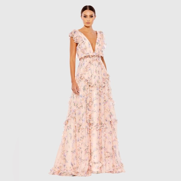 IEENA FOR MAC DUGGAL 68090 NWT Ruffled Floral Print Cap Sleeve Gown